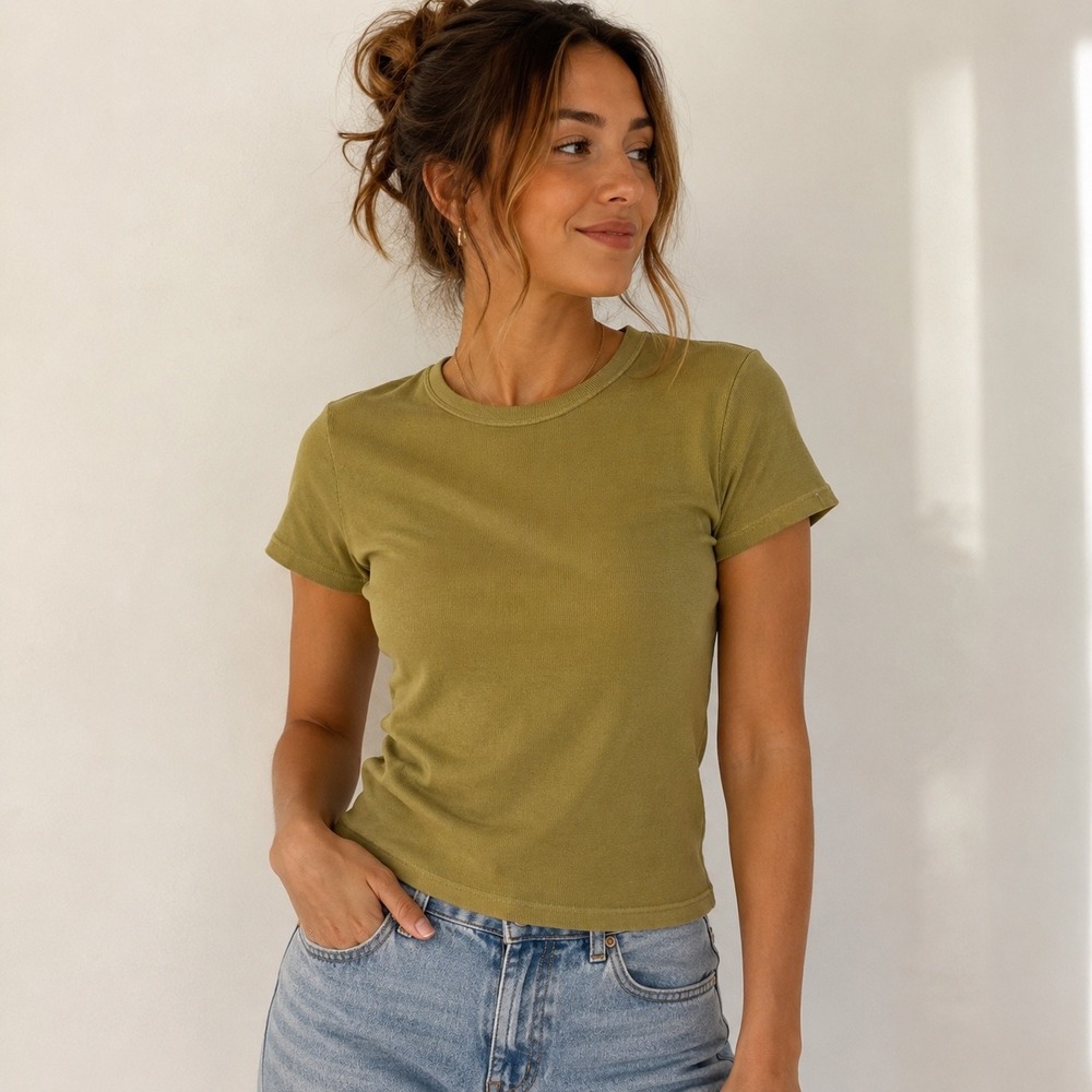 Vintage The Works Saks Fifth Avenue Olive Green Ribbed Baby Tee Petite Small